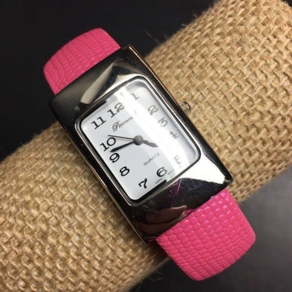 Perennial Bangle Hinged Watch As Is Silver Pink Reptile Textured Barbie Retro